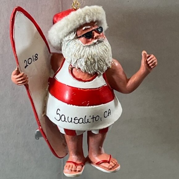 Hitchhiking Surfing Santa 2018 Sausalito, CA Hanging Christmas Tree Ornament - Picture 2 of 9